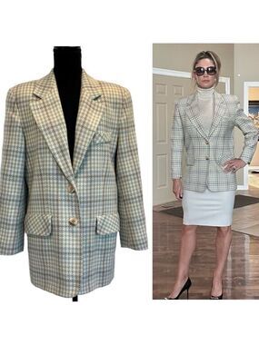 Town & Country plaid check wool blazer Sz 8 cream tan brown blue